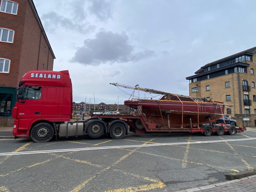 Spray leaves Liverpool on the back of a low loader.